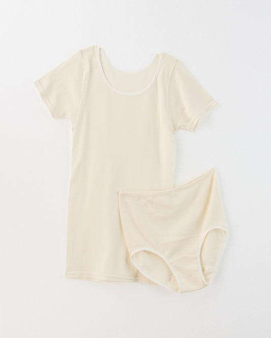 汗悩みを救う、シルク100%リブインナー上下セット(フレンチスリーブ+ショーツ)*