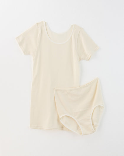 【予約販売】汗悩みを救う、シルク100%リブインナー上下セット（フレンチスリーブ＋ショーツ）*