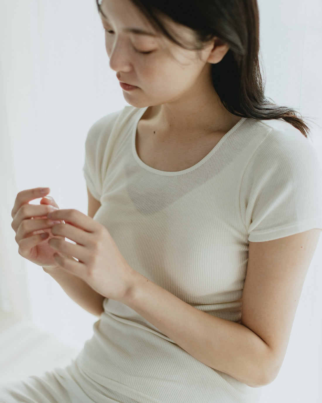 シルク100%リブインナー上下セット（フレンチスリーブ＋ショーツ）*